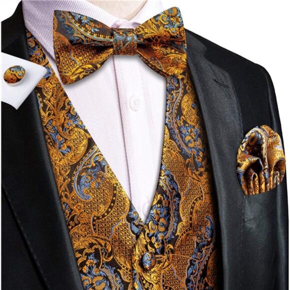 Men's Silk Vest Bowtie Set Formal Suit Vest Jacquard Tie Handkerchief - Picture 2 of 6